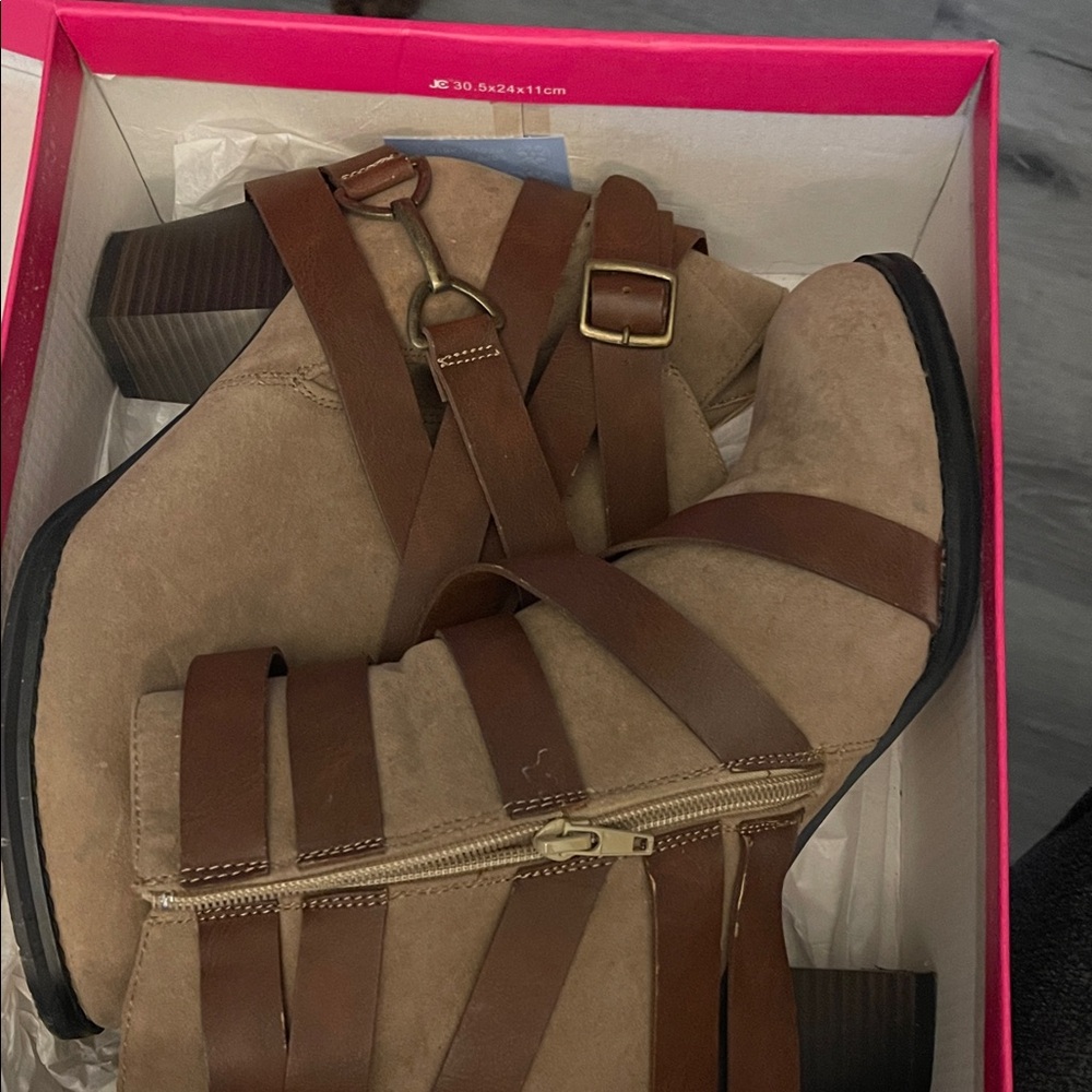 Shoe Dazzle Sand Suede Boots with Brown Straps